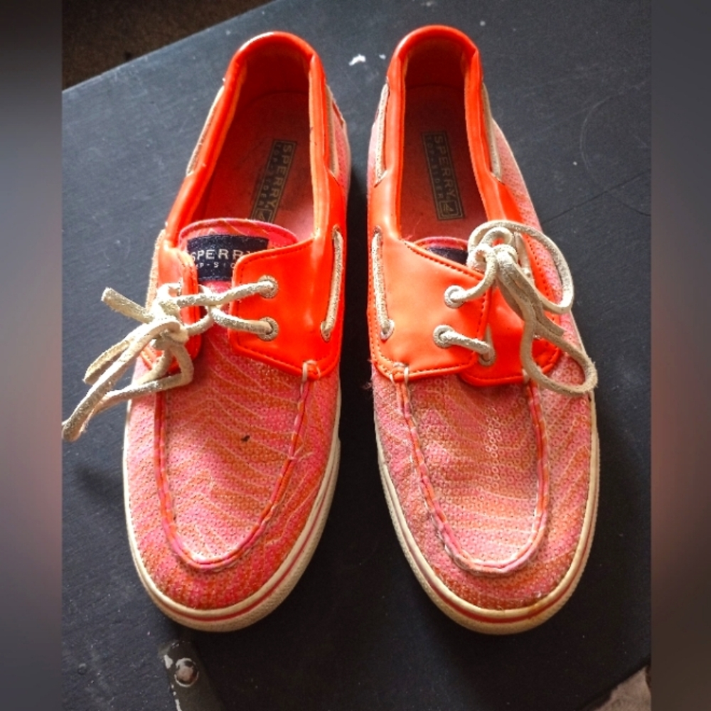 Bright coral Sperry loafers